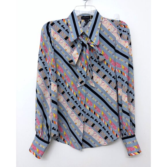 Marc Jacobs Tie Neck Bishop Sleeve Blouse Silk Top Emoji Blue Pastel Stripe 6 - Picture 2 of 16